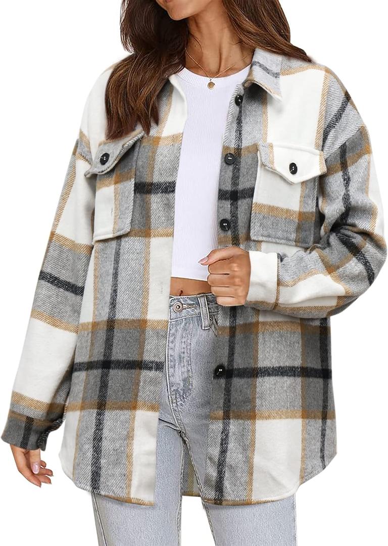 Beaully Women's Flannel Plaid Shacket Fall Winter Outfits Long Sleeve Button Down Shirts Jacket Coats with Side Pockets (Medium, Brown/Grey)