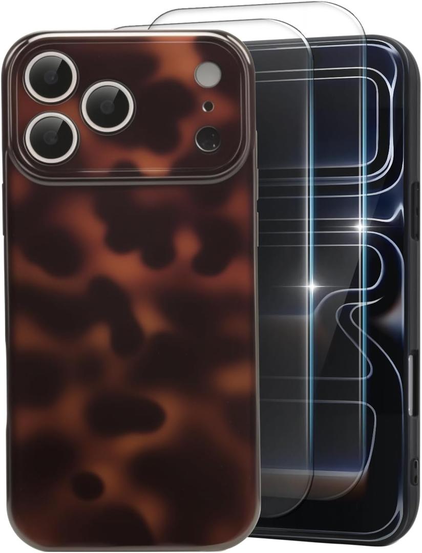 MYY Cute Phone Case for iPhone 17 Pro Max Case, [with 2X Screen Protector] Tortoise Shell Pattern Leopard Full Camera Protective Slim Shockproof Cool Trendy Aesthetic-Brown Amber