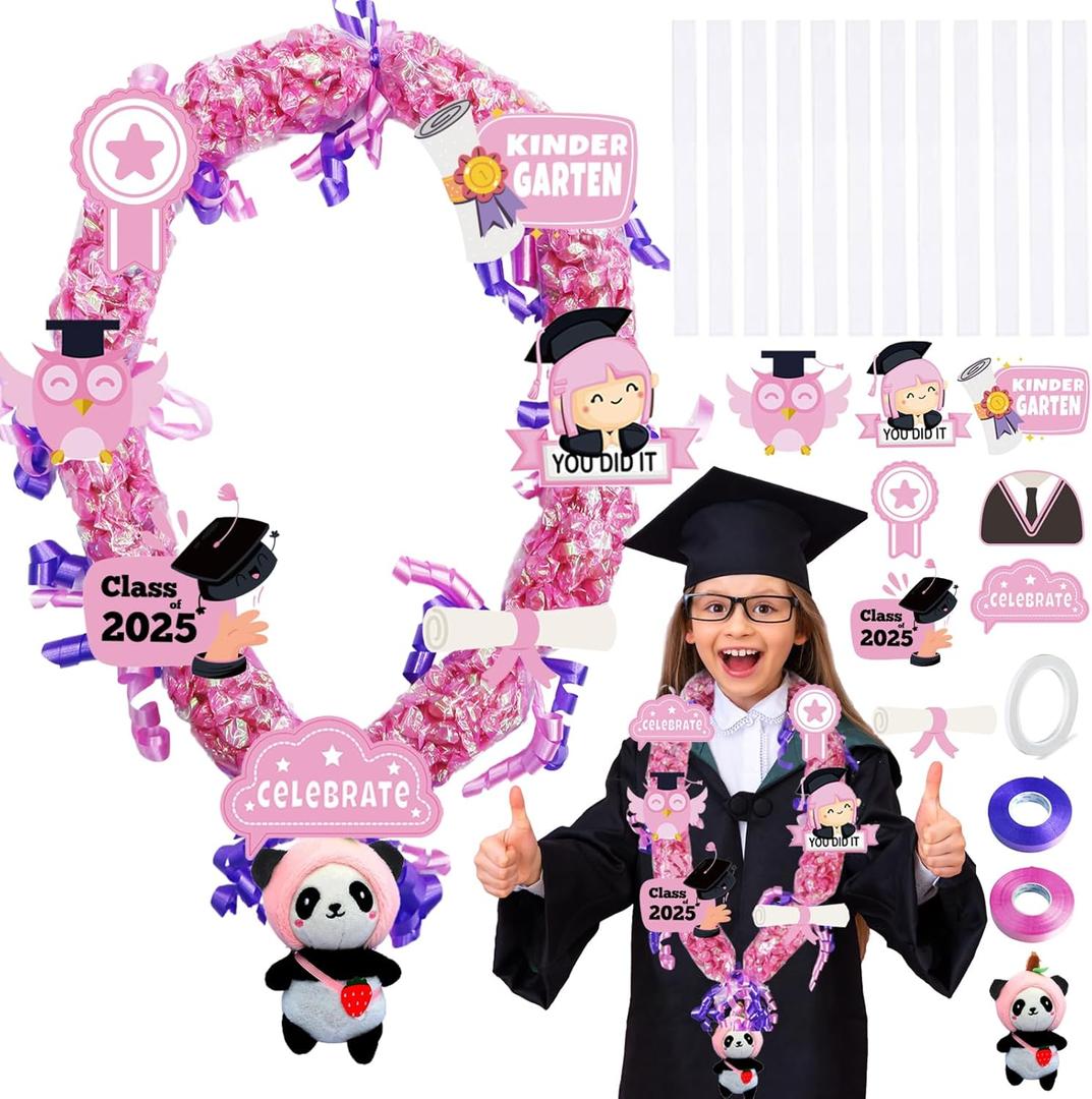 Candy Leis for Graduation 2025, 12 Pcs Candy Lei Tubing 2.8 x 51 Inch Graduation Candy Lei Making Kit Supplies with 2 Color Ribbons for Kindergarten Graduation Party Gift (Pink)