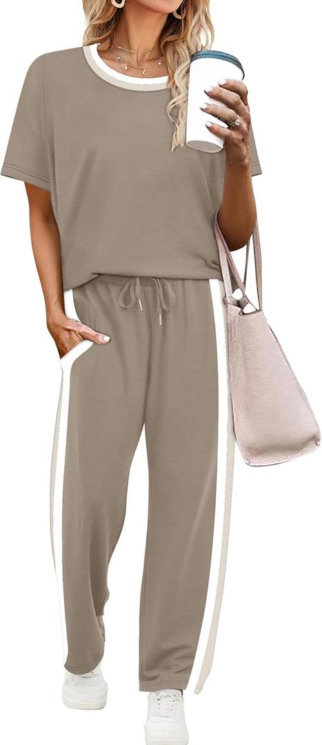 WIHOLL 2 Piece Lounge Sets for Women Matching Set Summer Outfits Short Sleeve Tops Wide Leg Pants with Pockets, Large, Coffee