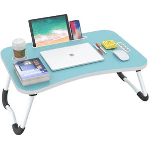 BUYIFY Folding Lap Desk, 23 Inch Portable Wood Blue Laptop Bed Desk Lap Desk with Cup Holder, for Working Reading Writing, Eating, Watching Movies for Bed Sofa Couch Floor