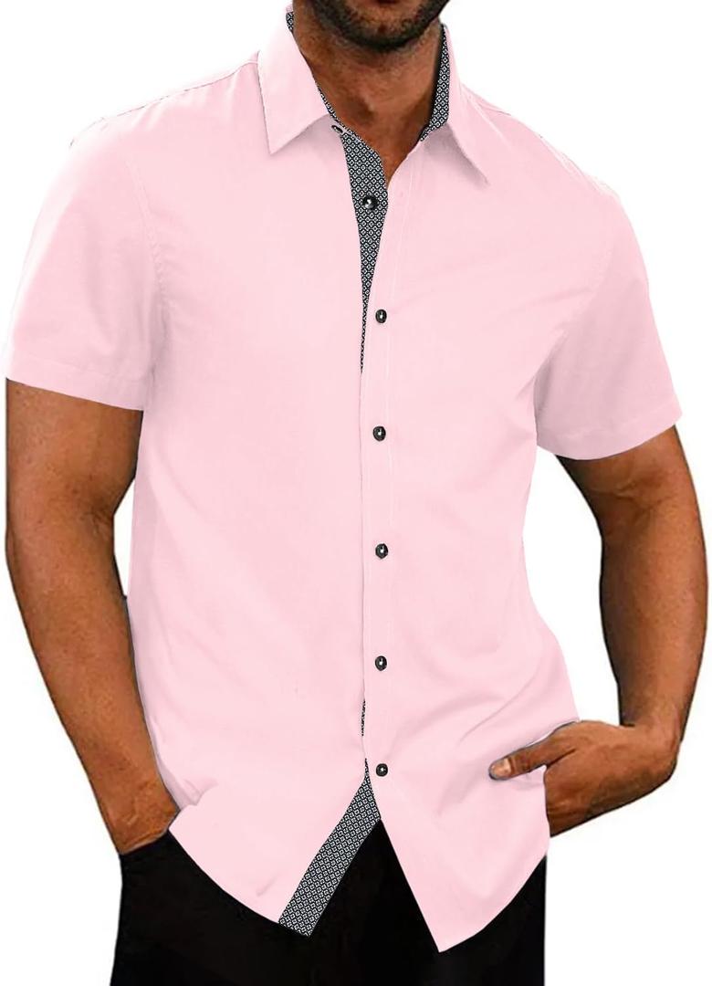 JMIERR Men's Casual Button Down Shirts Wrinkle-Free Short Sleeve Business Dress Shirt (Pink, XL)