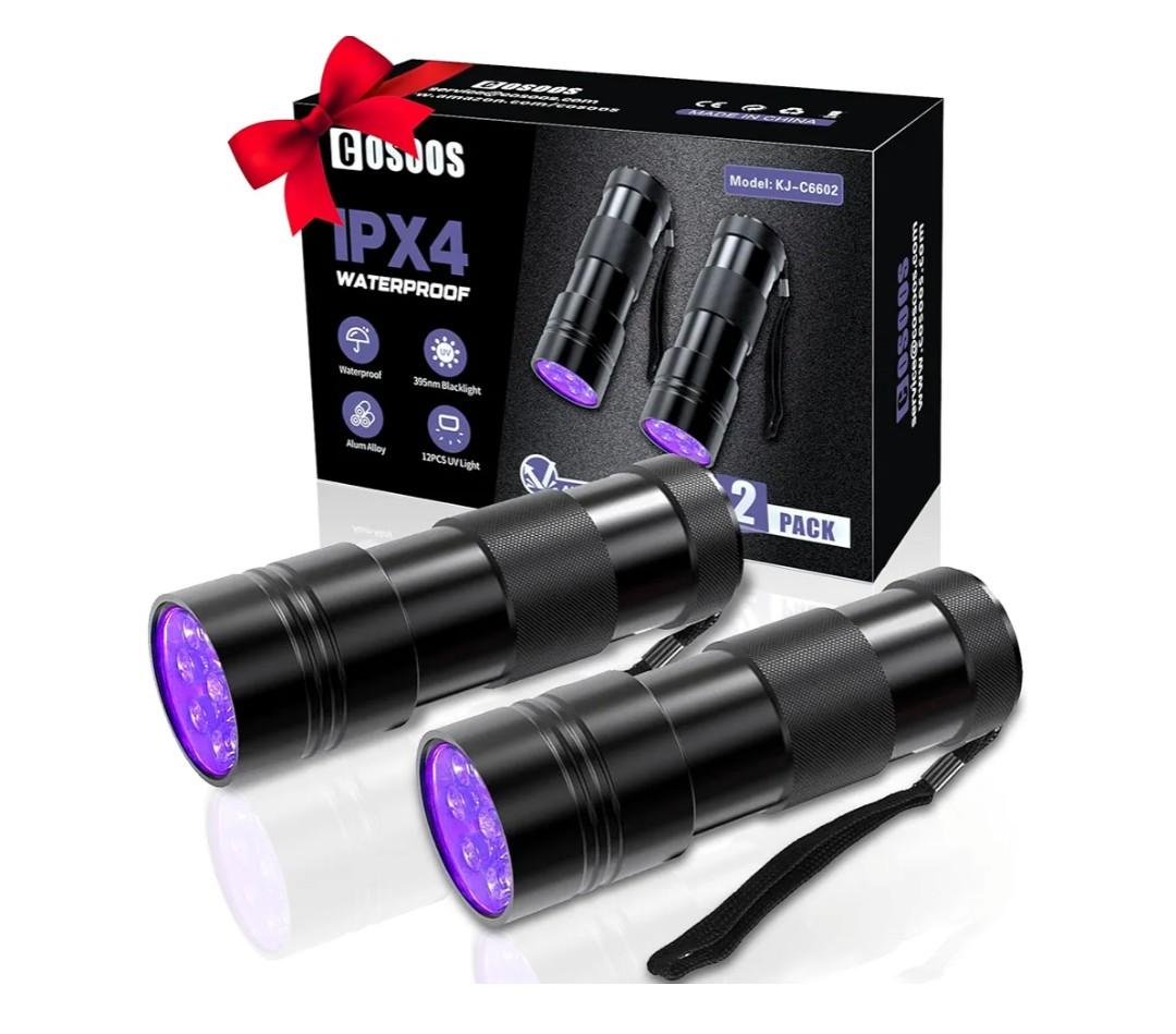 COSOOS 2 Pack UV Flashlight, 12 LED Handheld Blacklight Flashlight 395nm Mini Light Torch Detector for Dog Pet Urine Stains, Bed Bugs and Scorpions. (Batteries not Included