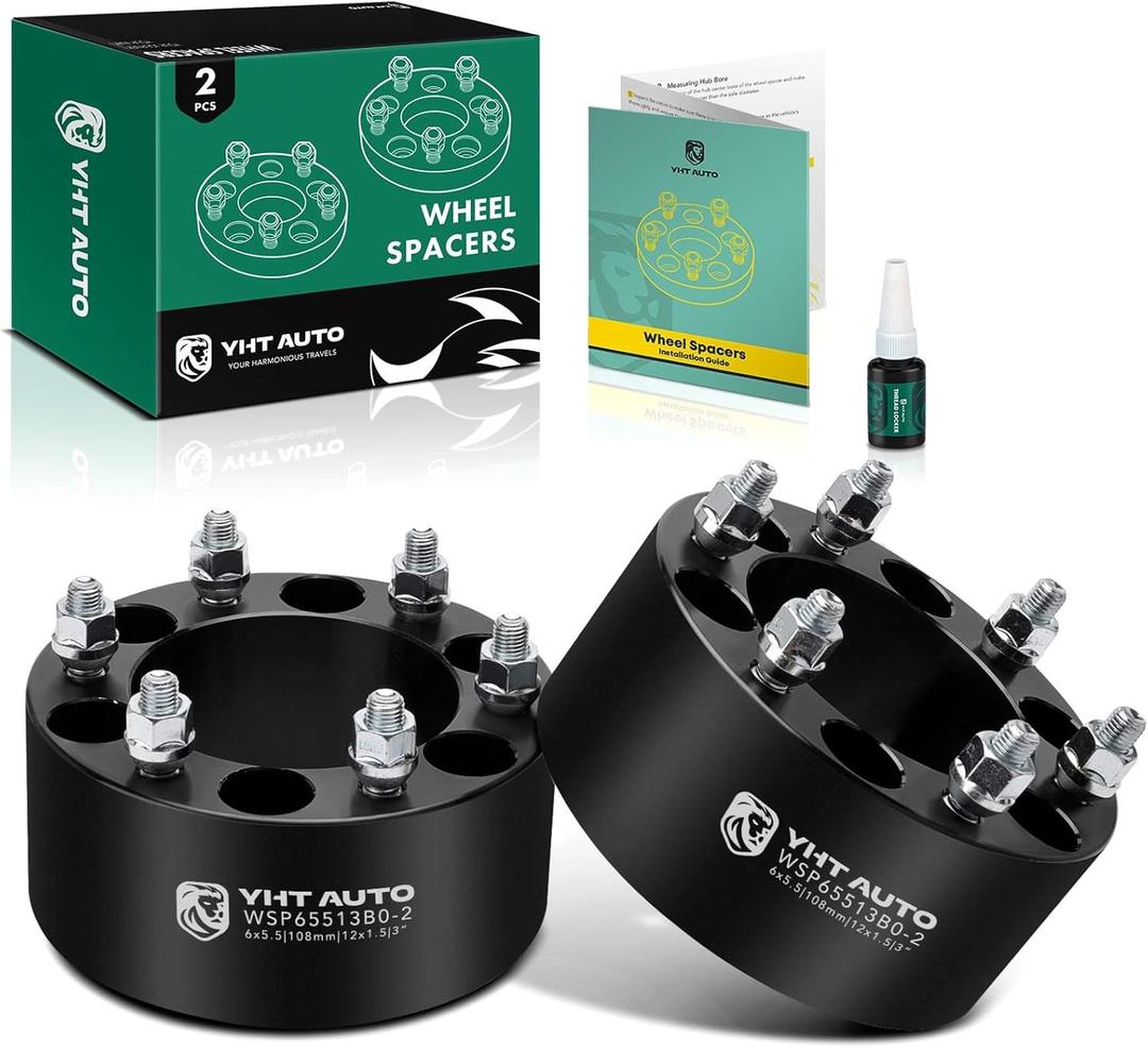 YHTAUTO 6x5.5 inch Wheel Spacers 3 inch Fits Tacoma, Tundra, 4Runner, Colorado, Ranger, Sequoia, GX460, Sedona, H3, Canyon, SLX 6 Lug Tire Spacers w/ M12x1.5 & 12.9 Grade Studs, 108mm Center Bore 2PCS (Black)