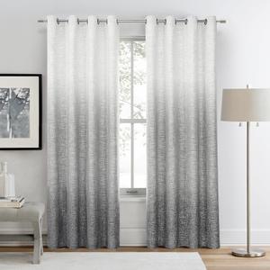Ombre Full Blackout Curtain Panels 84 Inch Long Noise Reducing Energy Efficient Window Treatment Drapes for Bedroom Linen Texture with Grommets Top Gradient Print Cream White to Gray, 50"x84"x2 (Grey)
