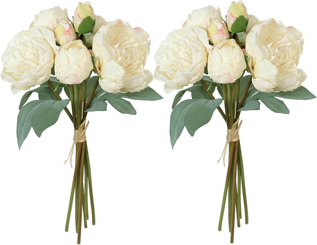 TOCHGREEN Artificial Peonies Silk Flowers 2 Bouquets Vintage Fake Peonies 14pcs Heads Faux Peony Flowers with Stems for Home Wedding Table Decoration Bridal Bouquet Floral Arrangement (White, 2PCS)