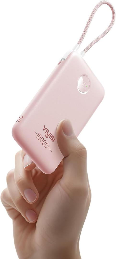 Slim Portable Charger Power Bank 10000mAh Fast Charging, Compact Battery Pack with Built-in USB C Cable, Lightweight Travel Essential Compatible with iPhone 17 16 15, Samsung, Android - Pink