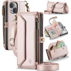 Wallet Case Compatible with iPhone 15 RFID Blocking 7-Card Holder Soft PU Leather Magnetic Snap Shoulder Strap Zipper Pocket Phone Case Fit for iPhone 15 for Women 6.1" - Rose Gold
