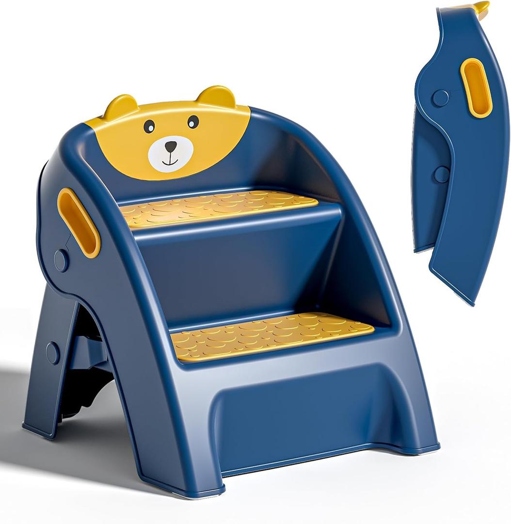 Folding Toddler Step Stool for Bathroom and Potty Training, Anti-Slip, Anti-Tip A-Frame Design with 10-Second Setup-Potty 2 Step Stool for Kids (Blue)