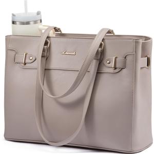 LOVEVOOK Laptop Tote Bag for Women Work, Teacher Tote Bag with Large Cup Holder, 15.6 Inch Waterproof Leather Computer Bag (Taupe)