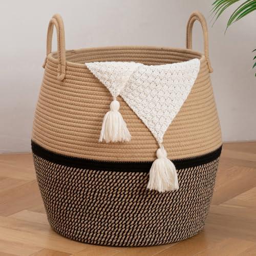 OIAHOMY 60L Blanket Basket with Handle, Storage Basket for Living Room, Laundry Hamper for Clothes, Towels, Pillows, Toy Storage for Kids and Dogs, Baby Hamper for Nursery - Brown & Black