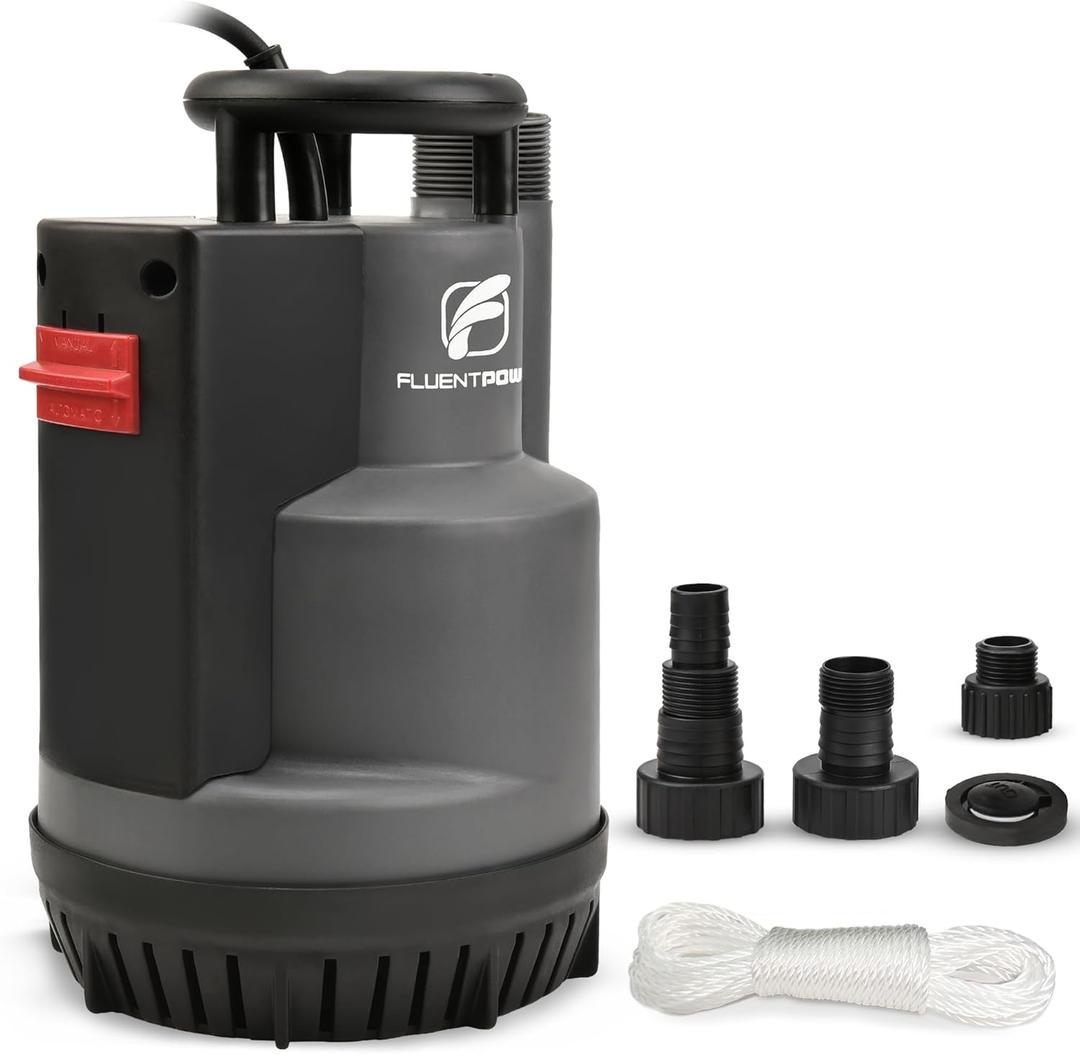 FLUENTPOWER 1/2HP 2500GPH Submersible Sump Pump, Automatic/Manual Operation Utility Water Pump, with Check Valve Adapter for Basement Flood Cellar Pool Garden Pond Hot Tub