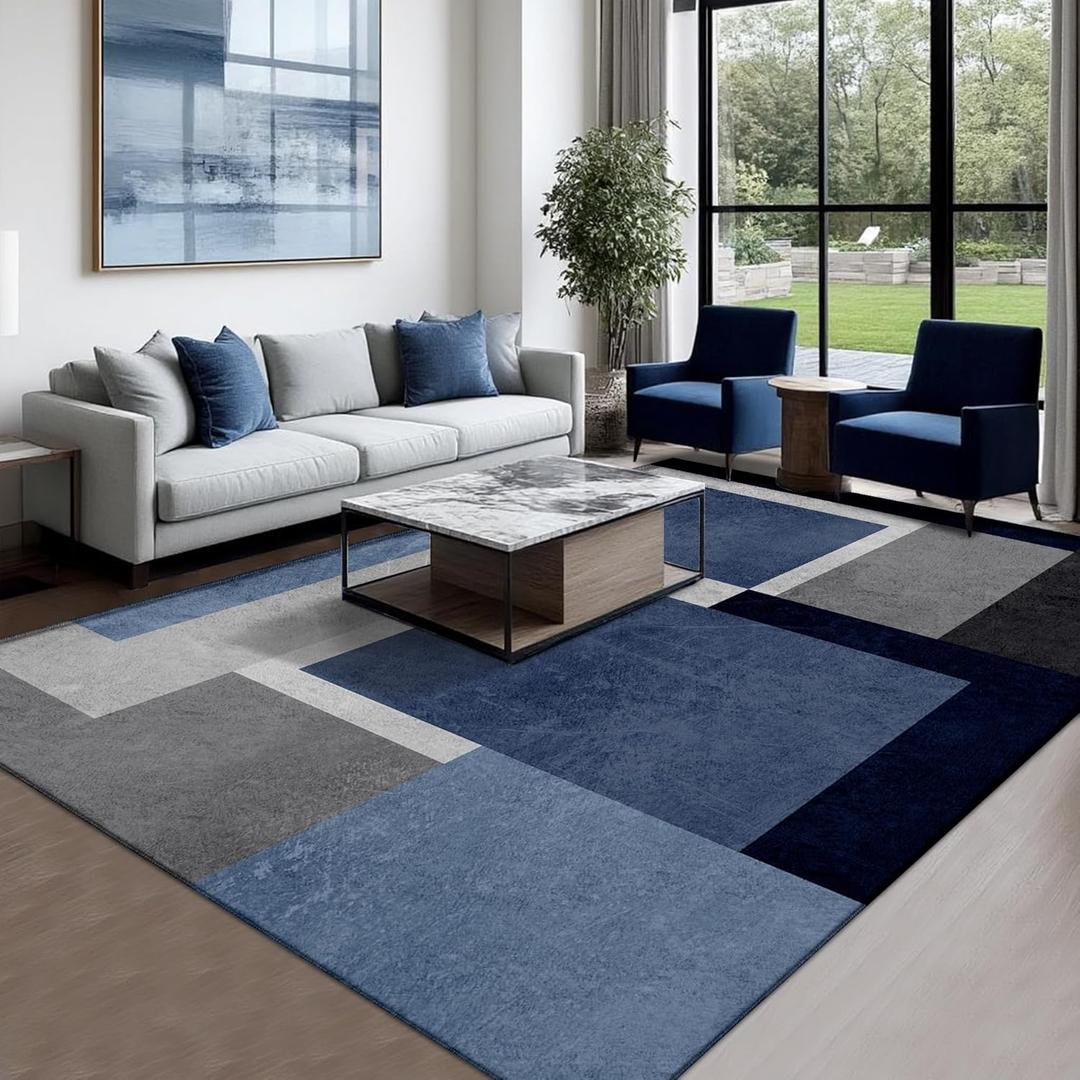 Washable Low-Profile Geometric Area Rug, 0.2 inch Thin Abstract Rug Design for Living Room & Bedroom Decor, 6x9 ft Blue Grey Modern Non-Slip Floor Rug
