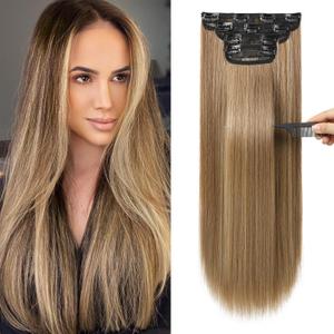REECHO 20" Straight Long 4 PCS Set Thick Clip in on Hair Extensions Light Brown with Highlights
