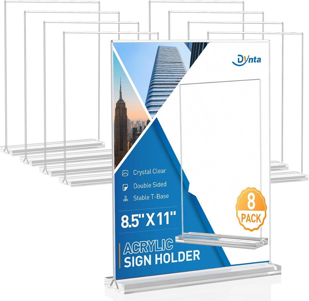 Dynta Acrylic Sign Holder 8.5 x 11 (8 Pack), Clear Vertical Display Stand with Stable Base, High Transparency Acrylic for Signs, Menus, Flyers, Office & Business Countertop Use
