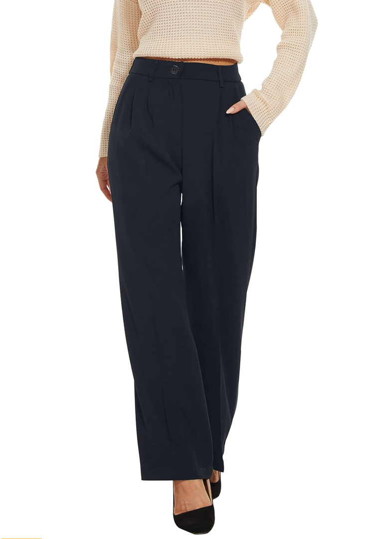 FUNYYZO Wide Leg Pants Women's High Elastic Waisted in The Back Business Work Trousers Long Straight Suit Pants, M
