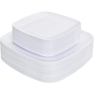 PULOTE 60PCS White Square Plastic Plates Disposable - Heavy Duty Party Plates Include 30 Dinner Plates,30 Dessert Plates for Parties&Weddings