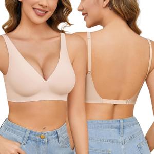 Yusongirl Seamless Low Back Bra Wireless Padded Bralette Thin Straps V Neck Halter Backless Cross Multiway Convertible Bras (Beige, L)