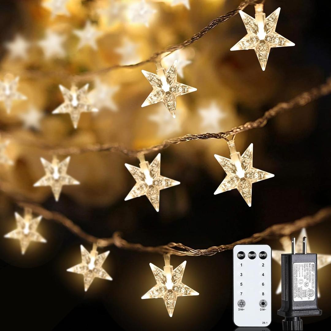 Star String Lights Plug in, 59 Ft 100 LED Star Fairy Lights with Remote Timer, Connectable Waterproof for Bedroom Wedding Party Indoor Outdoor Decor, Warm White