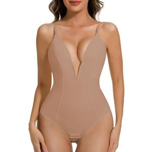 Ellareese Deep V Bodysuit for Women Thong Shapewear Tummy Control Low Back Shapewear for Women (Beige, M)