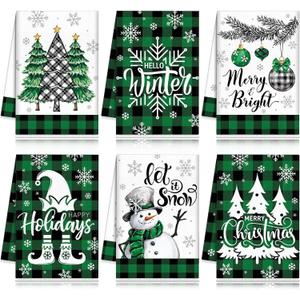 6 Pcs Winter Kitchen Towels Green Snowman Snowflake Dish Towels 21 x 14 Inch Decorative Black Buffalo Plaid Bathroom Hand Towel Farmhouse Tea Towel Green Winter Decor for Kitchen Bathroom Gift
