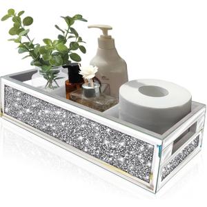 Wocred Bathroom Basket Toilet Tank Upgrade,Crushed Diamond Mirrored Bathroom Tray Wall-Mounted,3 Layer partition Storage Organizer fits Dresser Bedroom,Bathroom,Coffee Table.(15x6x3.8) (Silver 3 Compartment)
