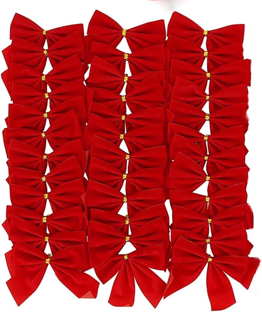 Rocky Mountain Goods Mini Red Christmas Bows (Pack of 36) - 3.5 x 3.5 - Small Bows for Christmas Tree - Red Velvet for Ornaments, Crafts, Candy Canes - Gold Wire Twist Tie for Easy Attachment