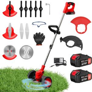 24V Electric Weed Wacker Grass Trimmer with 2pcs Batteries & Fast Charger, 3 in 1 Stringless Lightweight Brush Cutter/Edger/Mower with 3 Types Blade & Wheels for Garden and Yard Lawn