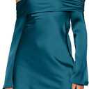 HYPERFIRE Women's Elegant Satin Off The Shoulder Long Sleeve Mini Dress Tie Back Wedding Cocktail Dresses (Small)