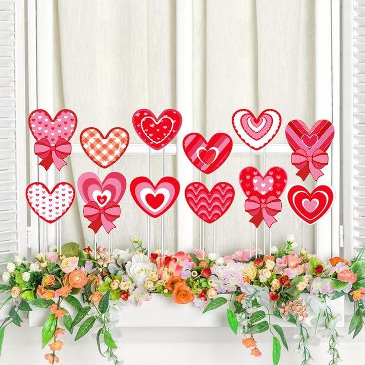 Iceyyyy 12 Pcs Valentines Day Heart Shape Planter Stakes-14.6 Inch Heart Decorative Graden Yard Stakes-Valentines Plant Yard Signs for Home Anniversary Party Outdoor Lawn Decor