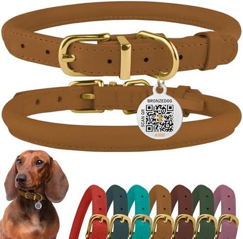 BronzeDog Rolled Leather Dog Collar with QR ID Tag, Adjustable Soft Round Collars for Small Medium Large Dogs Puppy (11" - 14 1/91" Neck Size, Blush)