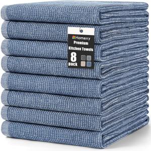 Homaxy Premium Kitchen Towels(18x 28, 8 Pack), Large Cotton Kitchen Hand Towels, Flat and Terry Dish Towels, 380 GSM Highly Absorbent Tea Towel Set with Hanging Loop, Navy Blue
