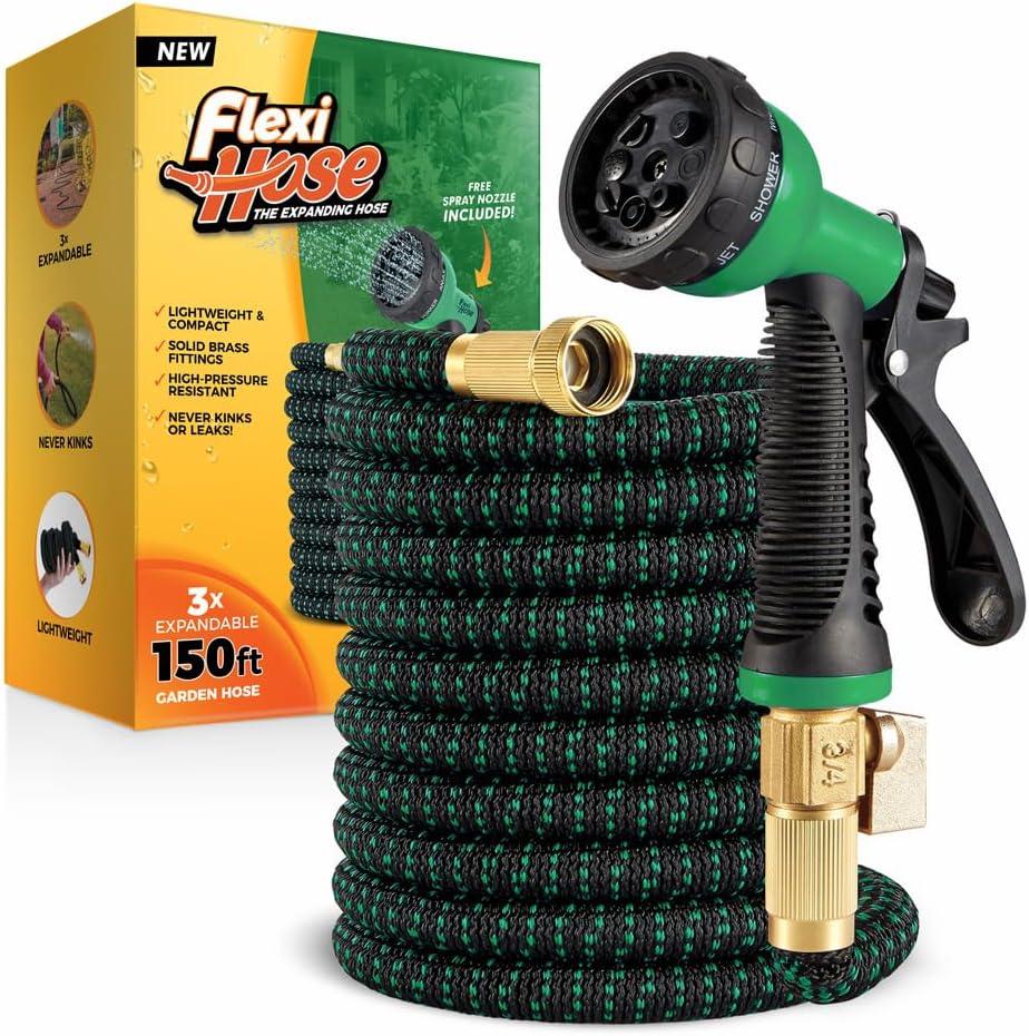Flexi Hose with 8 Function Nozzle, 150FT - Lightweight Expandable Garden Hose, No-Kink Flexibility, 3/4 Inch Solid Brass Fittings and Double Latex Core - Black and Green