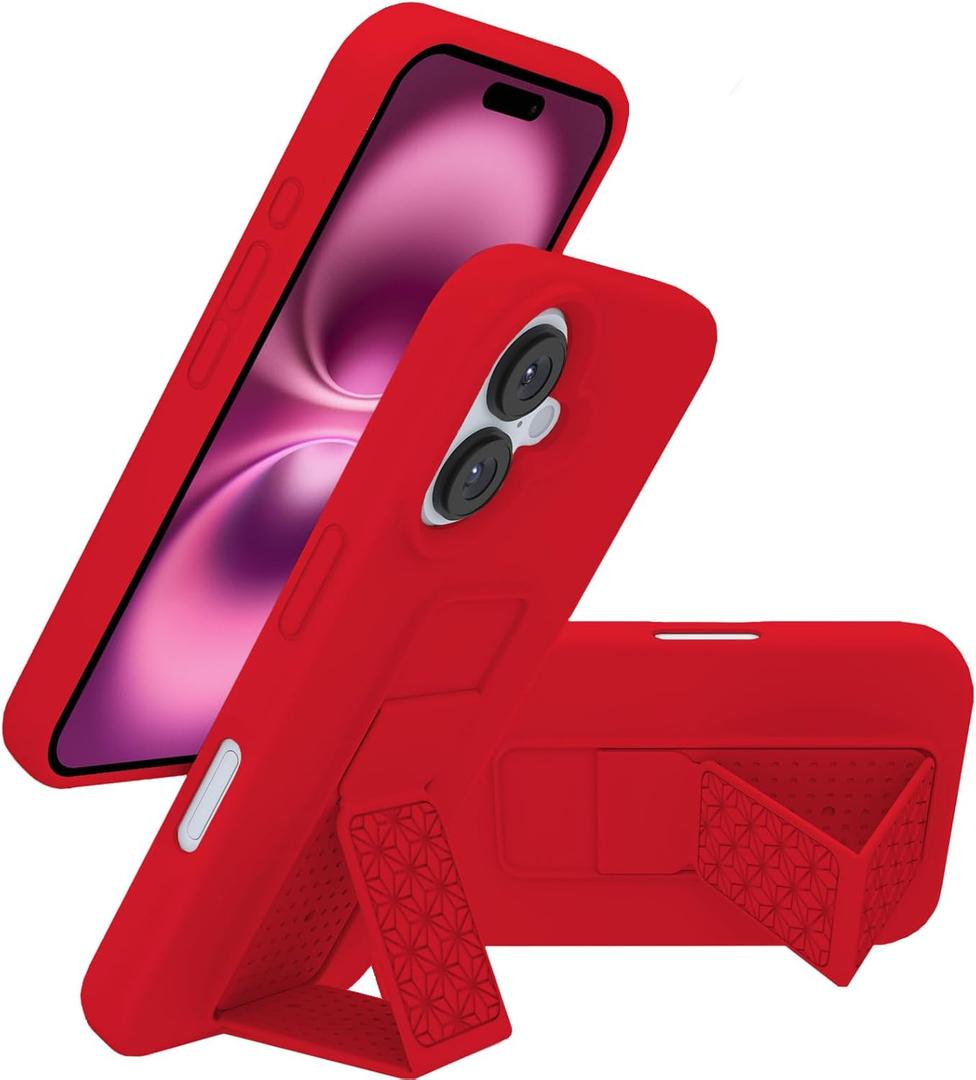 LAUDTEC Silicone Kickstand Case Compatible with iPhone 16, Vertical and Horizontal Stand Hand Strap Metal Kickstand Cover, Flexible Soft Liquid Silicone Stand Case for iPhone 16 (Red)
