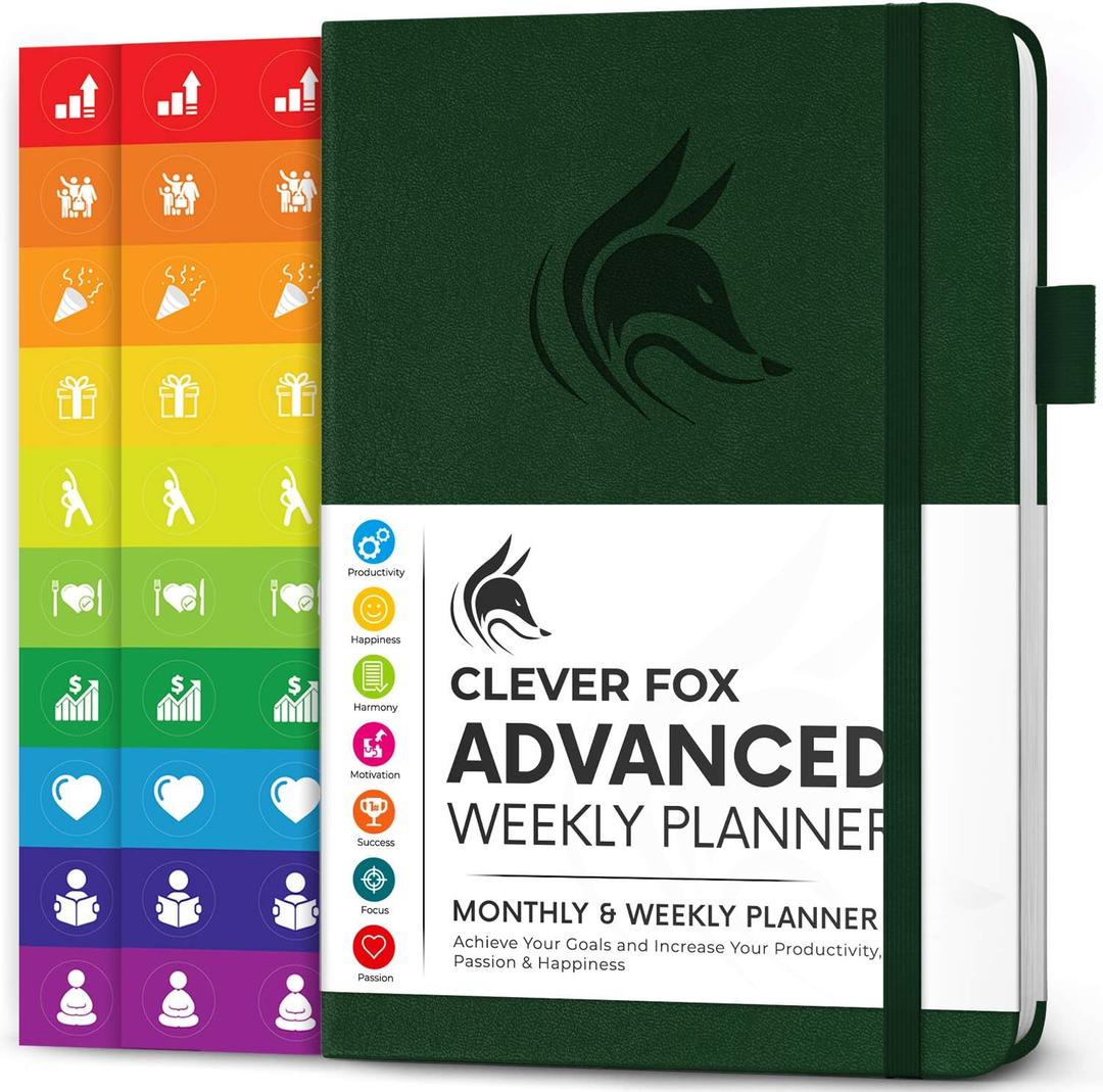 Clever Fox Advanced Weekly Planner  Undated Weekly & Monthly Life Goal Planner for Daily Productivity, Time Management and Hit Your Goals  Day Organizer Journal  Hardcover A5, Forest Green