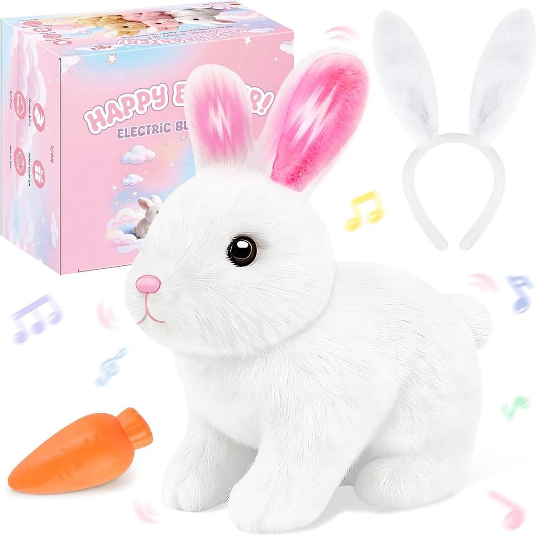Realistic Bunny for Kids - Interactive Hopping Bunny Toy Set with Bunny Ears, Electric Lifelike Robot Rabbit that Move, Walking Barking and Wagging Tail Bunby Stuffed Animal with Sounds,White