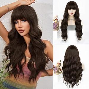 ENTRANCED STYLES Dark Brown Wig with Bangs Long Wigs for Women Long Curly Wavy Synthetic Wig Natural Looking Realistic Wigs for Daily Cosplay Party (Dark Brown)