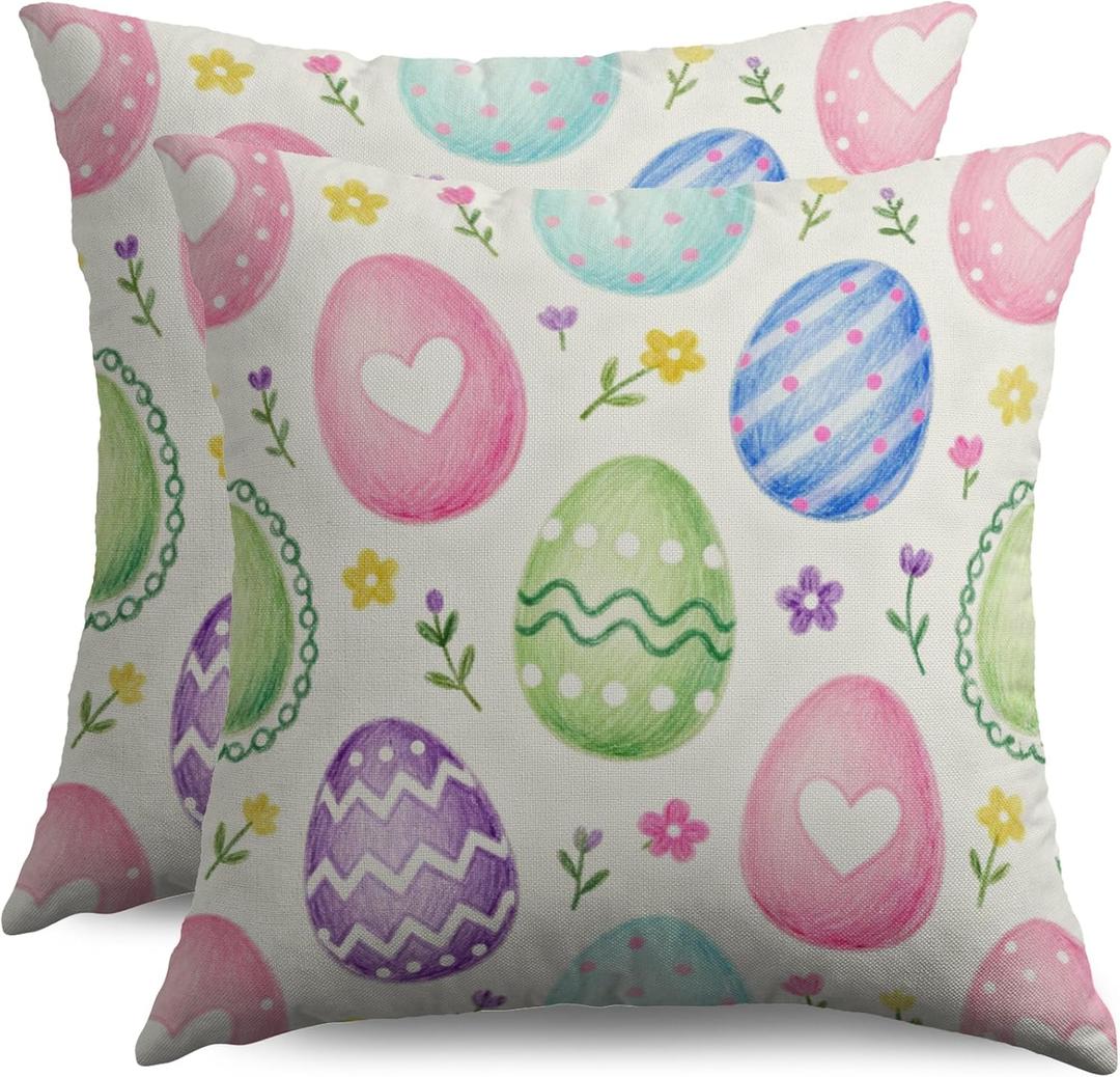 Easter Egg Pillow Covers 18x18 Inch Set of 2 Spring Cute Colorful Eggs Flowers Holiday Decorative Throw Pillowcases Outdoor Seasonal Farmhouse Cushion Cases Decor for Sofa Couch Bed