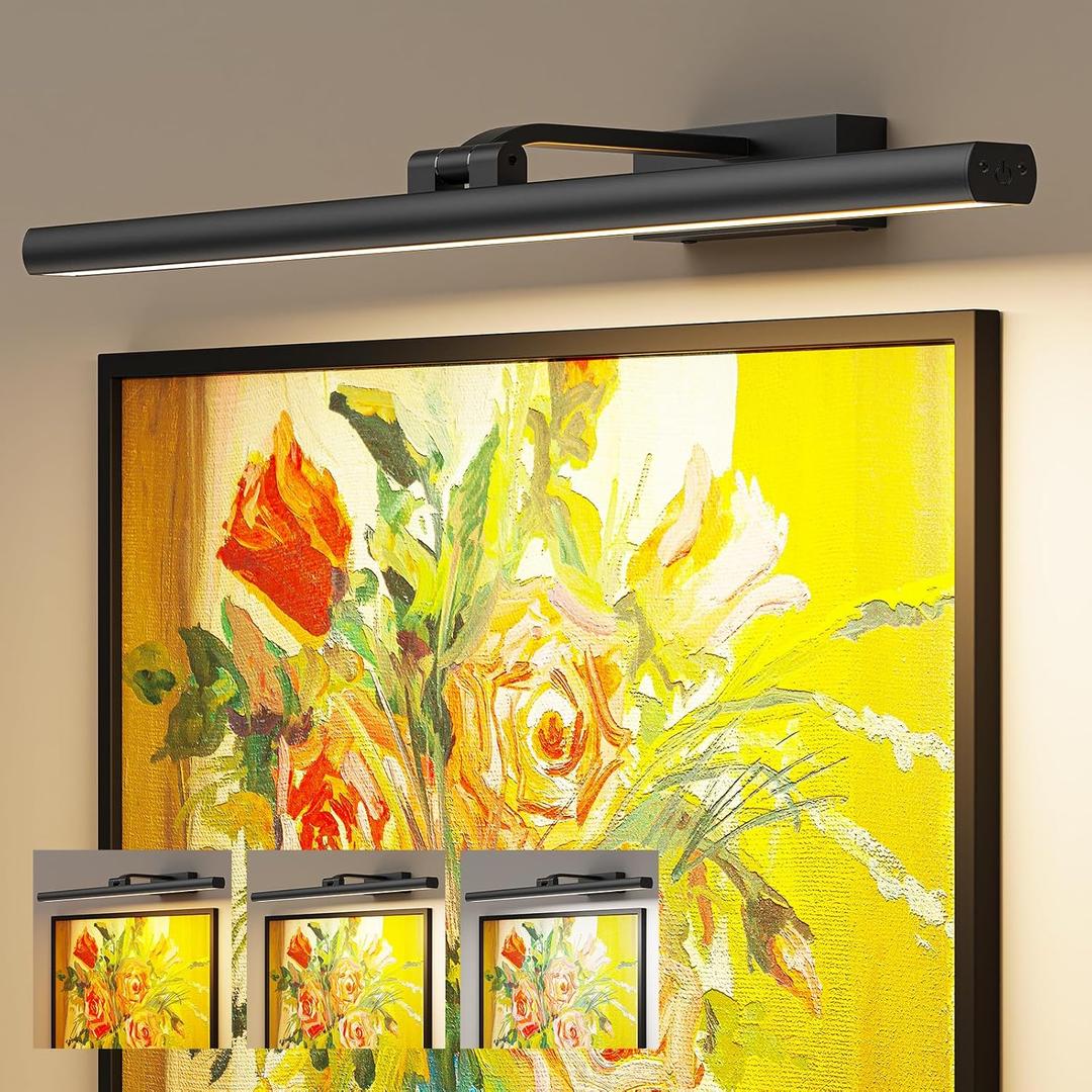 Wireless Picture Lights for Wall, 24in Battery Operated Wall Light for Painting Rechargeable CCT Rotatable Art Gallery Light with Remote Dimmable Timer for Artwork Frame Display Dartboard