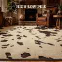 YIHOUSE Cowhide Large Area Rugs 8×10 Ft, Washable Plush Soft Brown and Cream Cow Rug, Non-Slip High-Low Pile Animal Carpet for Living Room, Bedroom, Dining Room, Western Home Decor