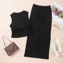 HUUSA Womens Two Piece Outfits Summer Bodycon Sleeveless Crewneck Crop Tank Tops Ribbed Split Long Skirt Dress Set (Black, S)