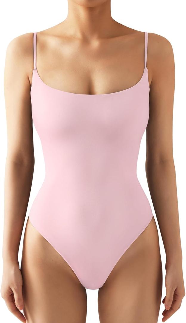 SUUKSESS Women Sexy Square Neck Thong Bodysuit Backless Cami Bodysuit Top (Medium, Baby Powder)