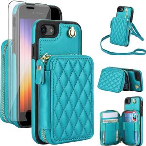 Phone Case for iPhone 7/8/SE 2020/2022 Wallet Cell Cover with Screen Protector RFID Blocking Card Holder iPhone7 iPhone8 7s 8s i SE2020 SE2022 2/2nd/3/3rd Generation SE2 SE3 7SE 8SE Women Girls Green