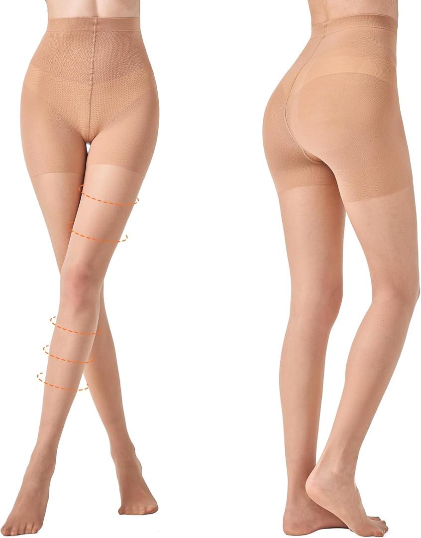 2 Pairs Compression Pantyhose for Women, 10-15mmHg High Waist Compression Stockings, 30D Shaping Tights For women (Large, Natural)