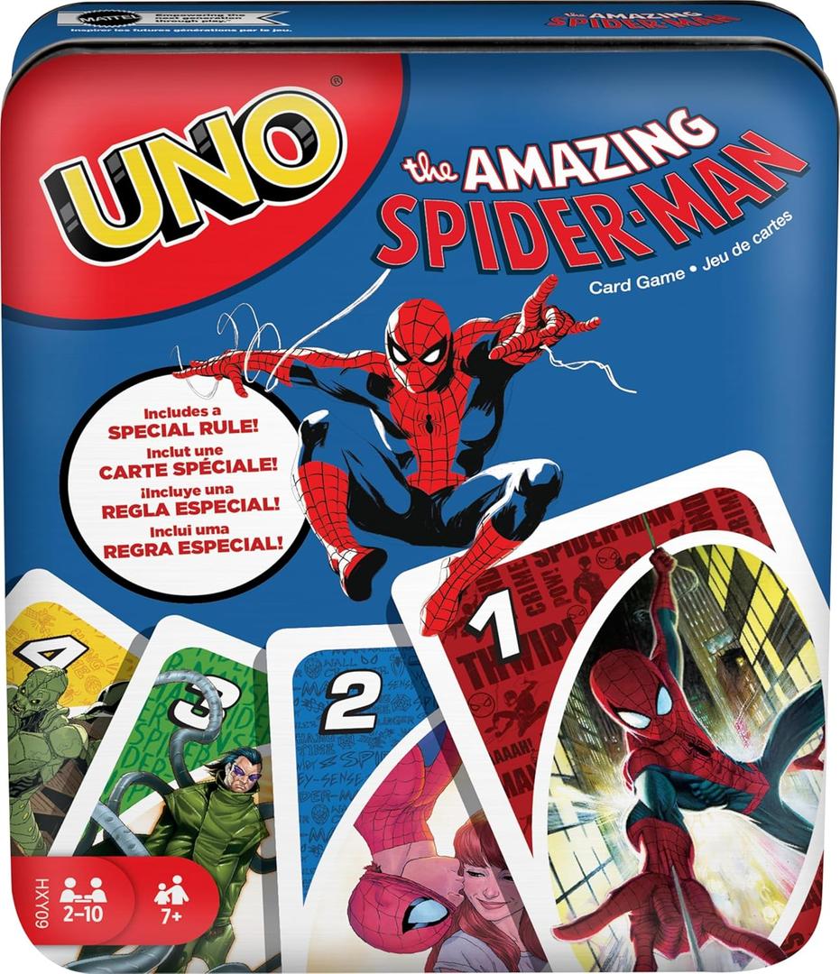 Mattel Games UNO The Amazing Spider-Man Card Game in Storage & Travel Tin for Kids, Adults & Family with Deck & Special Rule