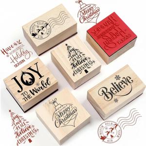 6 Pcs Christmas Rubber Stamp Set Merry Christmas Wooden Rubber Stamp Snow Tree Stamps Vintage Wooden Art Stamps for Crafting and DIY Scrapbooking Card Making Hand Book (Retro)