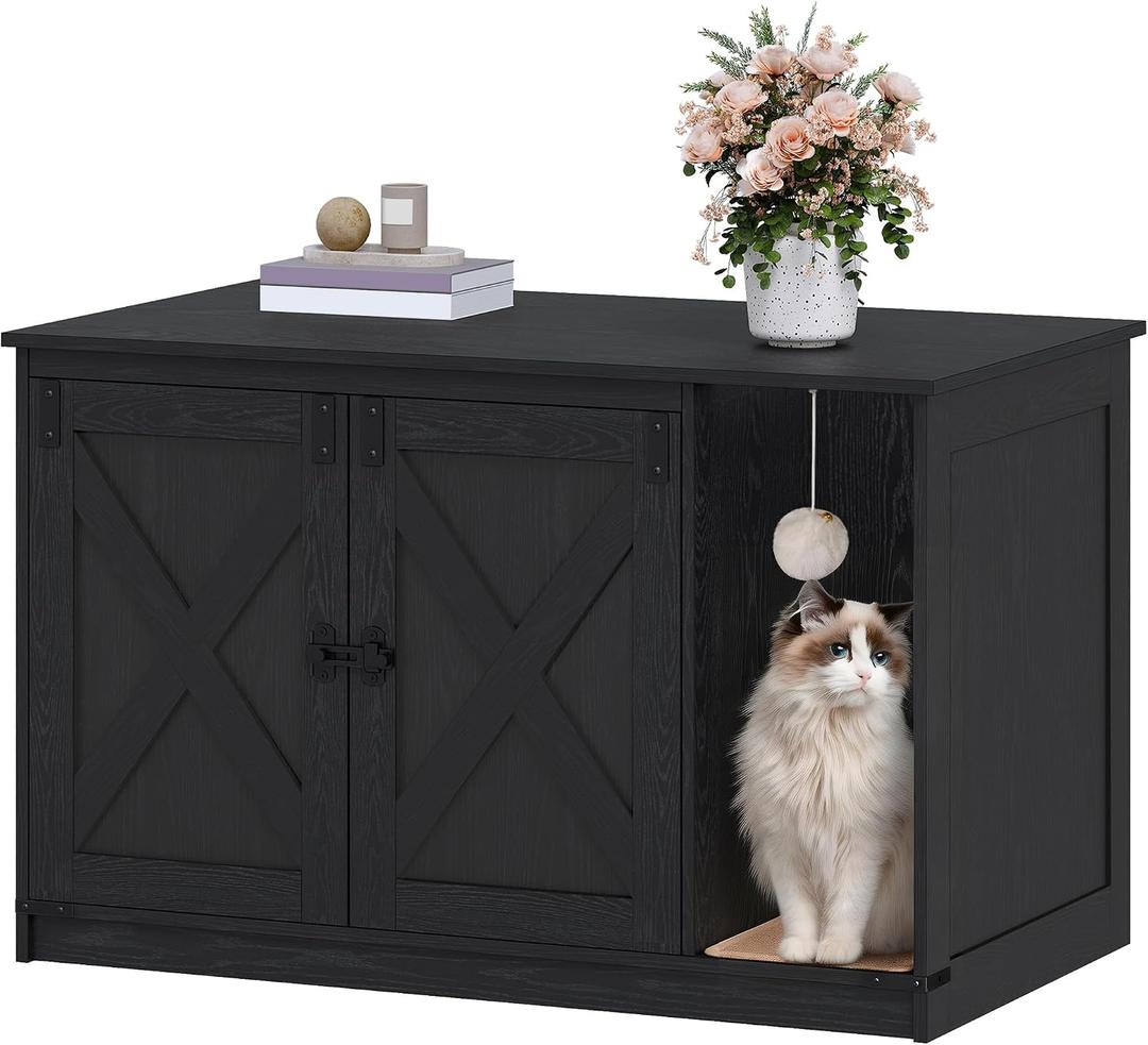 Hzuaneri Cat Litter Box Enclosure, Hidden Litter Box Cabinet Furniture with Bell, Indoor Cats House, Farmhouse Style, 39.4 x 21.7X 24.8 Inches for Hallway, Bedroom, Black CB85204X