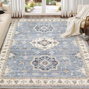 EIEIHOUSE Washable Area Rugs for Living Room -8x10 Neutral Vintage Distressed Floral Farmhouse Boho Large Soft Floor Rug Indoor Non Slip Carpet for Living Room Bedroom Dining Room Office - Blue