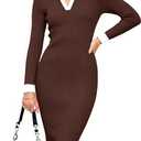 Simplee Womens Long Sleeve Sweater Midi Dress V Neck Casual Slim Fit Bodycon Knit Ribbed Slit Long Dress for Fall Winter (Small, Brown)
