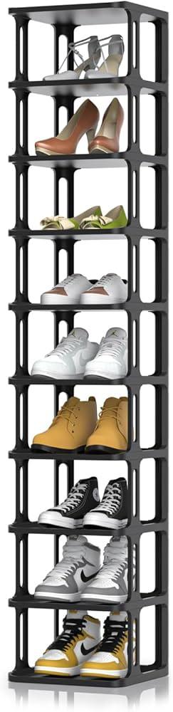 10 Tiers Shoe Rack for Closet Entryway, Narrow Vertical Shoe Organizer for Small Spaces, Stackable Black Shoe Storage Holder, Shoe Tower, 10.55" D x 10.55" W x 56.14" H